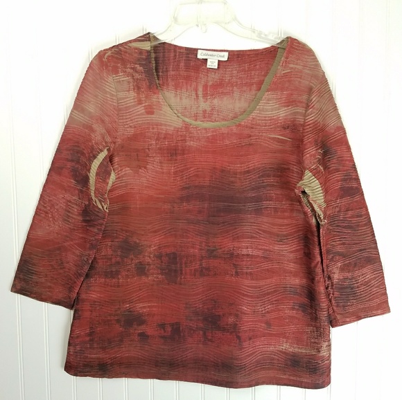 Coldwater Creek Cranberry & Orange 3/4 Sleeve - Picture 2 of 5